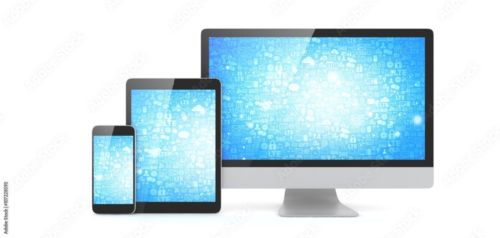 Responsive web design, laptop, smartphone, tablet, computer, display. 3d rendering. Responsive web design, laptop, smartphone, tablet, computer, display. 3d rendering.