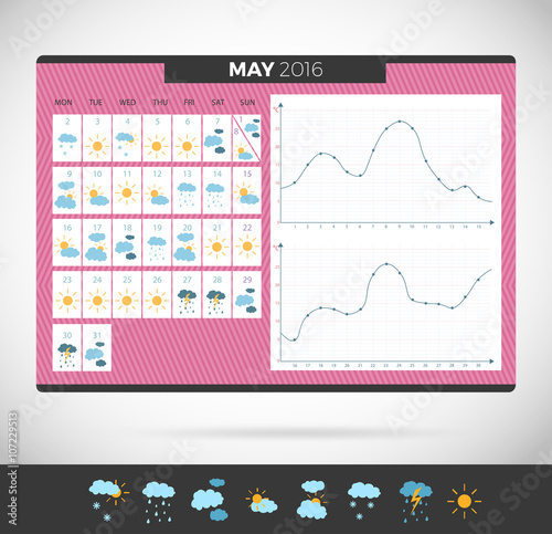  Weather journal vector Template. Weather diary with illustrations and temperature schedule meteorological calendar