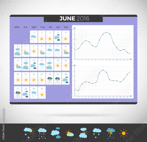  Weather journal vector Template. Weather diary with illustrations and temperature schedule meteorological calendar