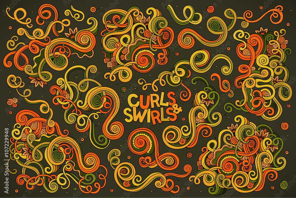 Vector hand drawn Doodle cartoon set of curls and swirls 