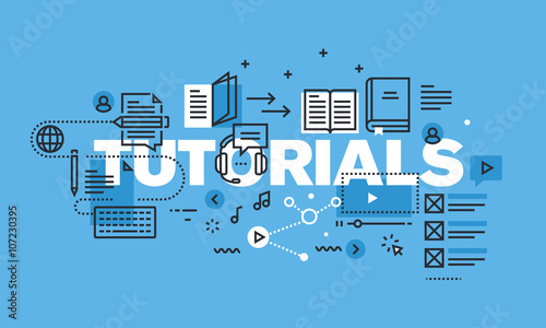 Modern thin line design concept for TUTORIALS website banner. Vector illustration concept for online learning, video tutorials, internet teaching.