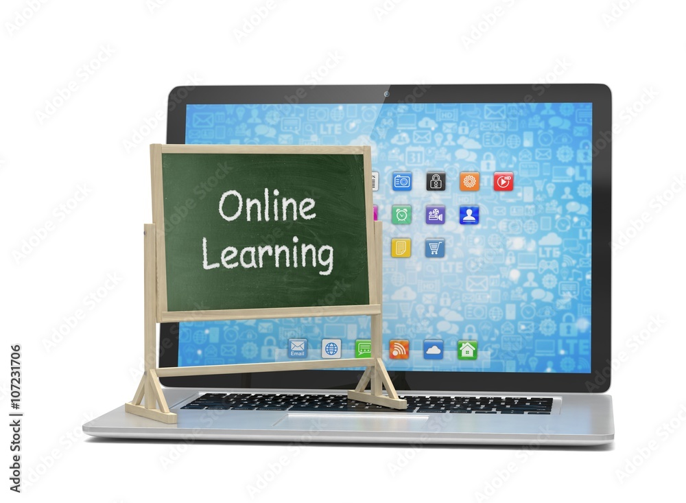 Laptop with chalkboard, online education concept. 3d rendering.