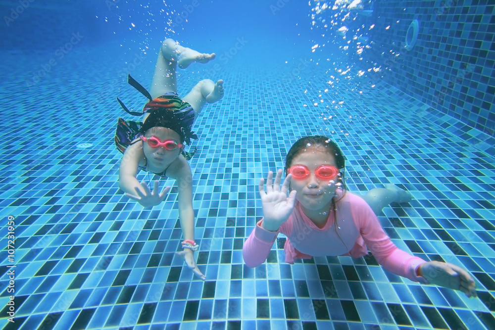 little asian girl underwater in swimming pool Stock Photo | Adobe Stock
