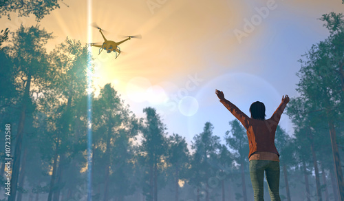 3D render of female figure in a forest setting waving to a UAV drone. Fictitious UAV is a unique design. Depicting drone in search and rescue operation; lens flare, depth-of-field, motion blur.