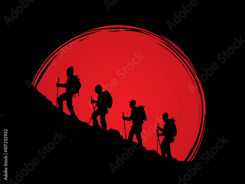 A group of people walking on mountain designed on sunlight background graphic vector.