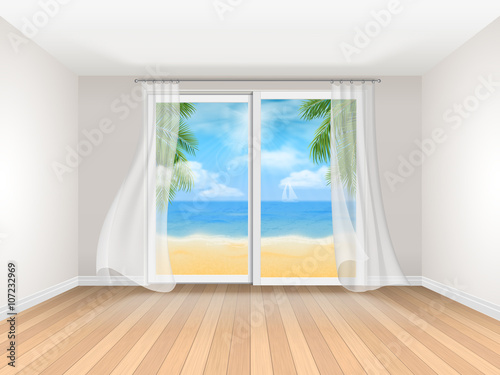 Empty room with sliding window and sea view. Realistic vector interior. Room at the hotel on the coast. Template for travel illustration.