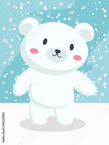 A little polar bear cartoon standing in snow day.