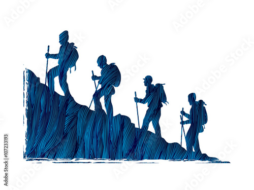 A group of people walking on mountain designed using blue grunge brush graphic vector.