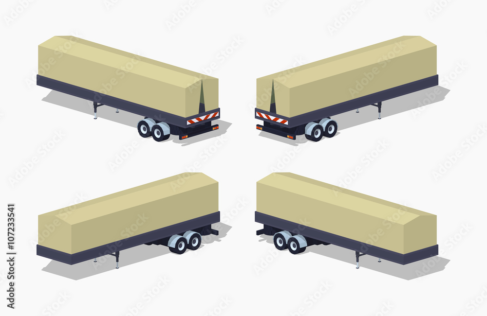 Trailer with the tarpaulin tent. 3D lowpoly isometric vector illustration. The set of objects isolated against the white background and shown from different sides