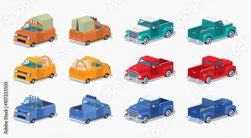 Collection of the pickups. 3D lowpoly isometric vector illustration. The set of objects isolated against the white background and shown from two sides