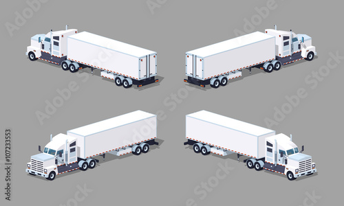 Heavy american white truck with the trailer. 3D lowpoly isometric vector illustration. The set of objects isolated against the grey background and shown from different sides