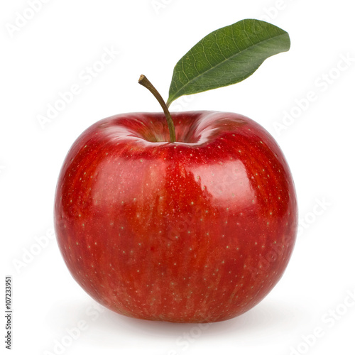 ripe tasty red apple with leaf isolated on white
