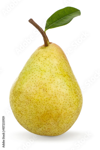 ripe tasty yellow pear with leaf isolated on white