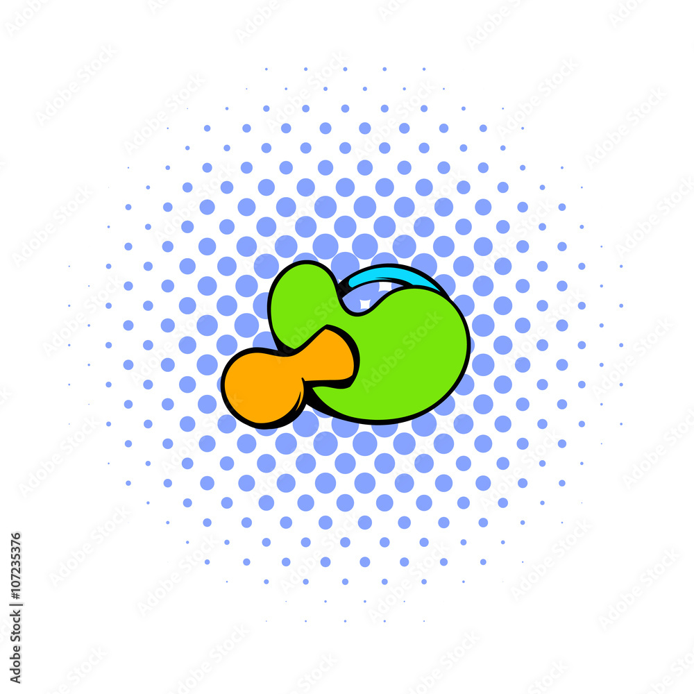 Baby pacifier with green handle icon, comics style