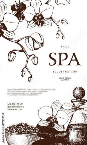 Vector Gift voucher design with hand drawn spa illustration. Spa sketch background with vintage orchids and plumeria flowers. Gift voucher template for spa salon.