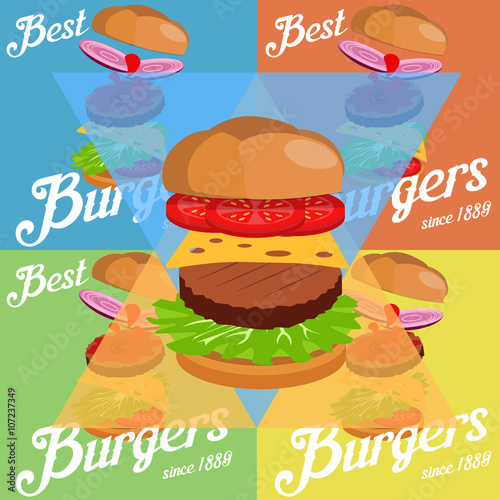 Hand drawn vector illustration of Ground Burger with various ingredients: onions, bun with sesame seeds, tomatoes, salad, cheese, ketchup and meat cutlet