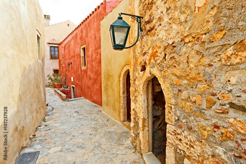 traditional greek street in Monemvasia, Greece, Europe