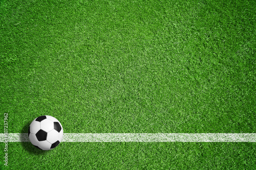 Fototapeta Piłki nożnej piłka na zielonym gazonie z marżą