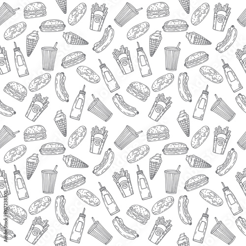 Fast food seamless pattern. Hand drawn food background. Backgrou