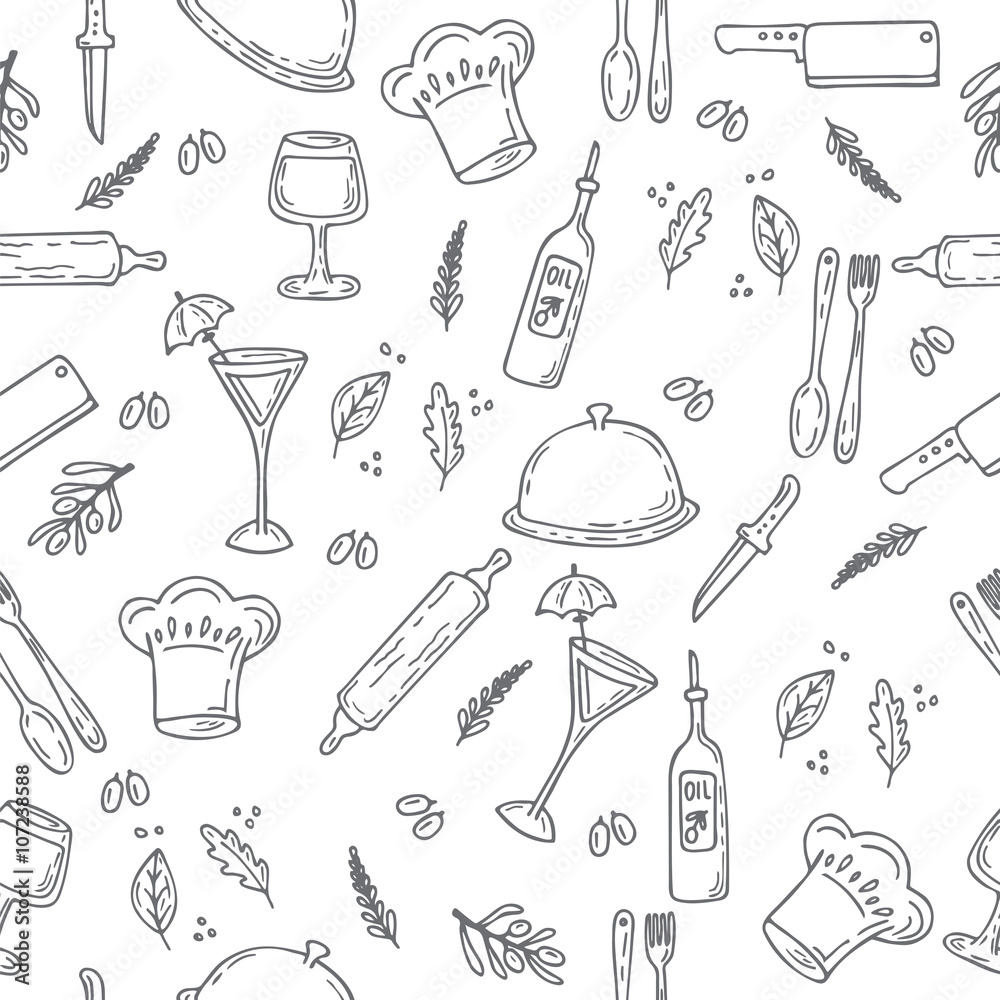 Hand drawn food seamless pattern. Sketch kitchen design elements
