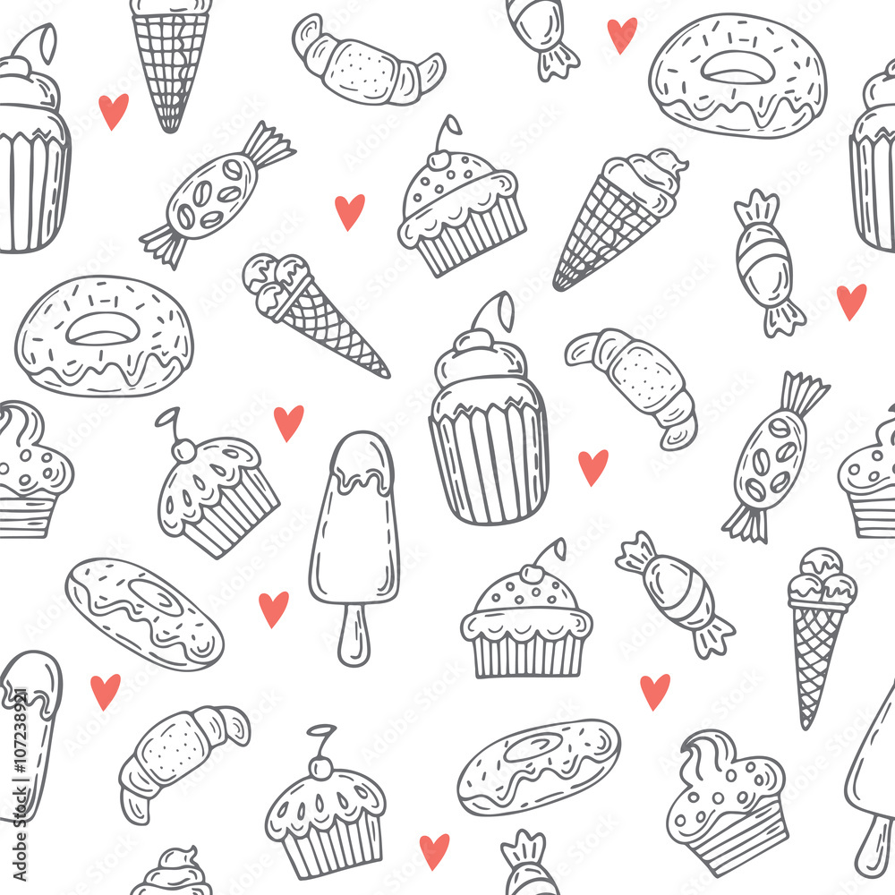 Hand drawn seamless pattern with sweets, cupcakes, bakery, cakes