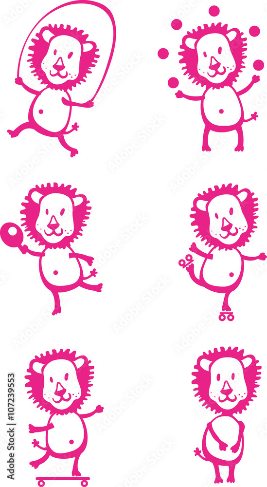 Funny cartoon young lions having fun, playing sport games and fo