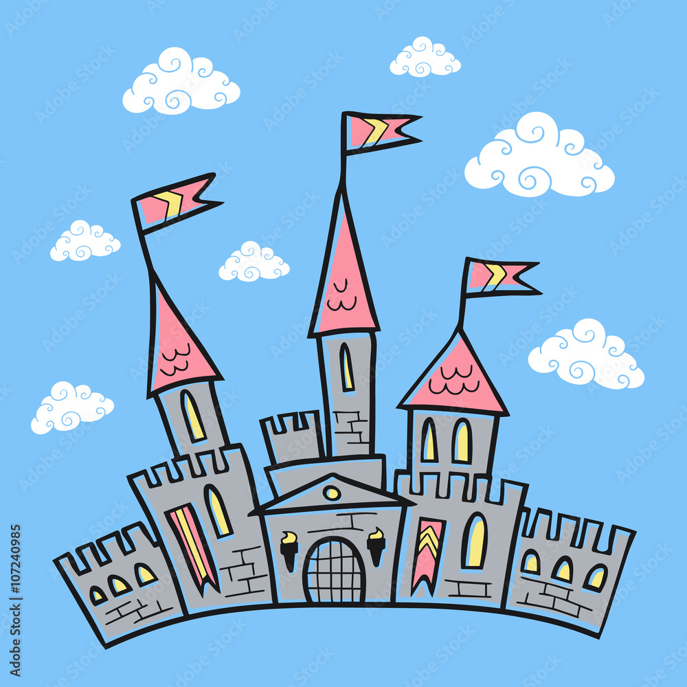 cartoon magic castle on blue background with castle