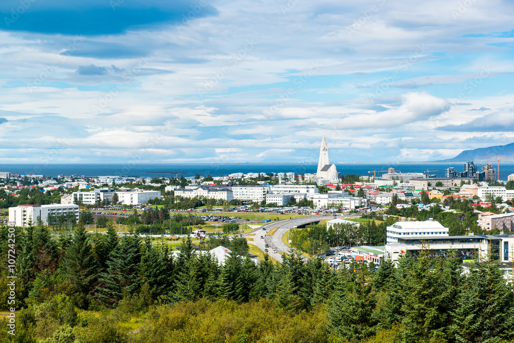 Reykjavik city center with Hallgrimskirkja church, aerial view from the top of Perlan, Iceland