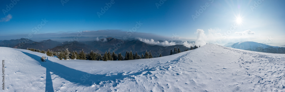 Panorama of sunny winter mountains