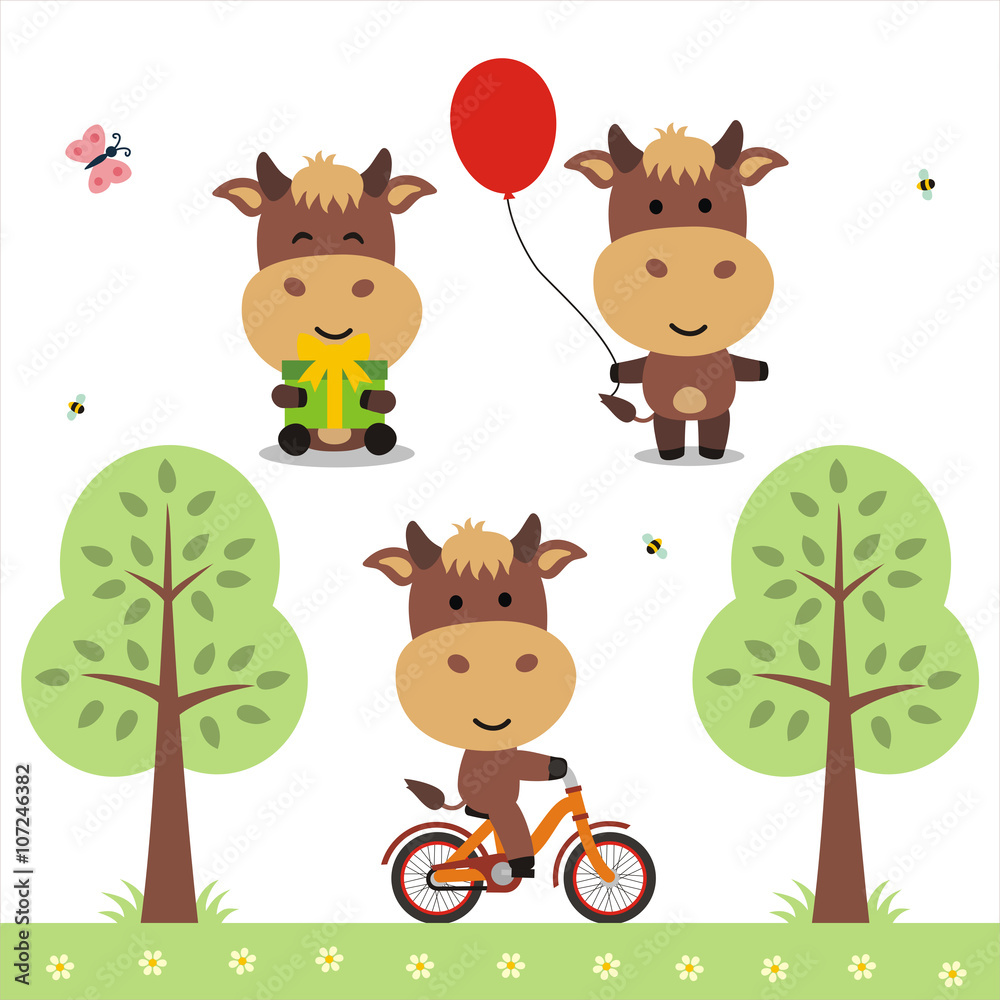 Cartoon cow set. Funny cow with gift, balloon and on bicycle. Collection isolated cow on white bacground. Cartoon cow set. Funny cow with gift, balloon and on bicycle. Collection isolated cow on white bacground.