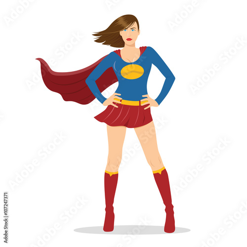 Female Superhero Standing with Cape Waving in the Wind