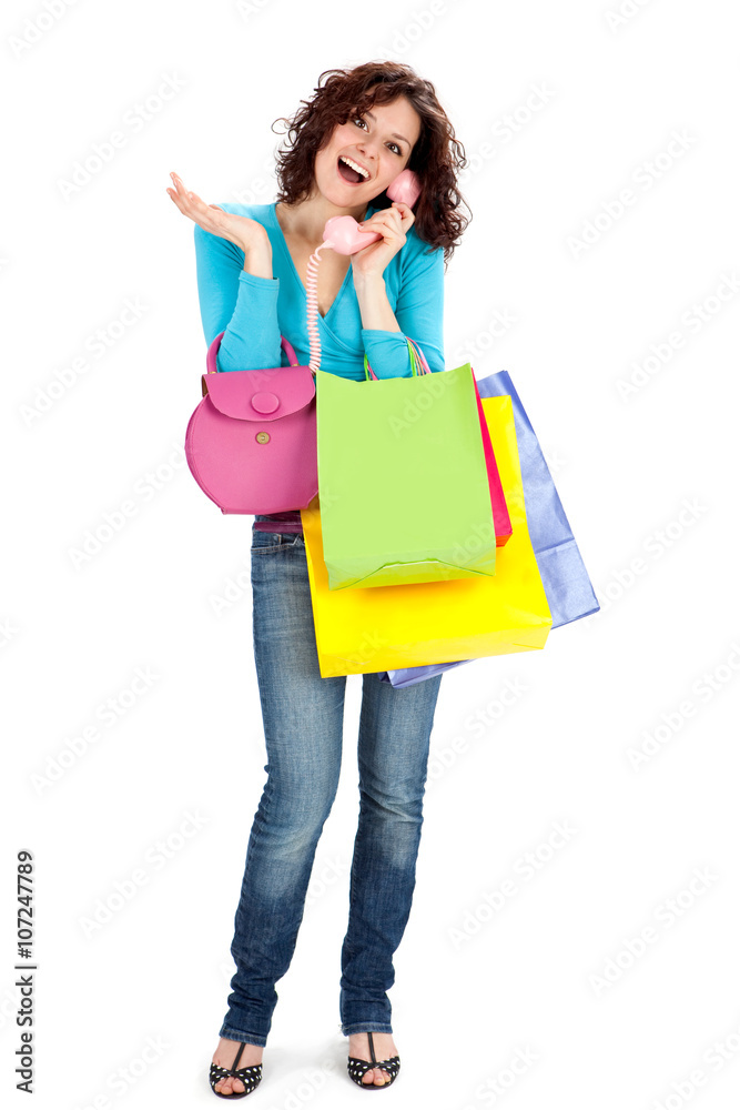 happy beautiful woman show shop bag isolated on white