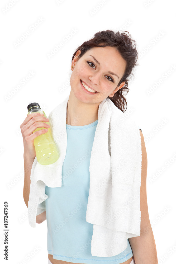 young beautiful woman with bottle after fitness isolated on white young beautiful woman with bottle after fitness isolated on white