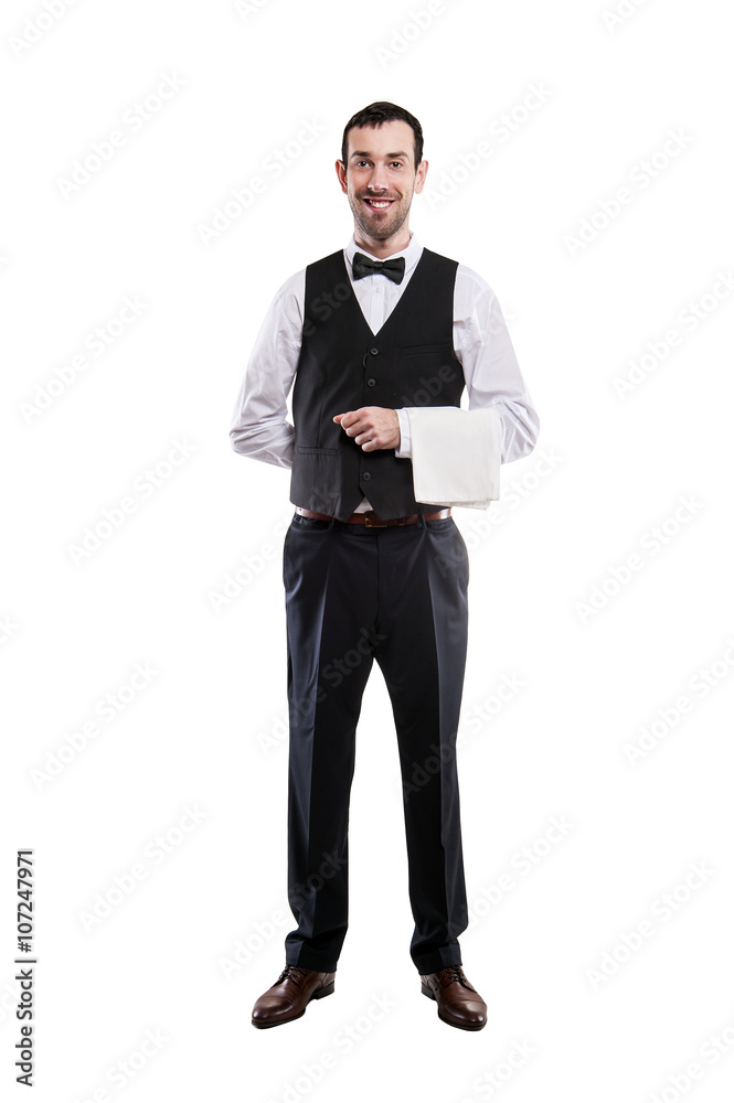 Waiter isolated over white background, full body apron. Waiter isolated over white background, full body apron.