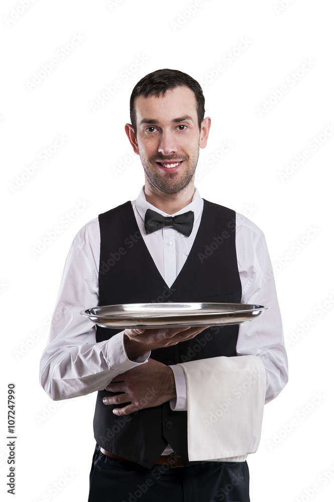 Waiter holding tray. Isolated over white background. Smiling but Waiter holding tray. Isolated over white background. Smiling but