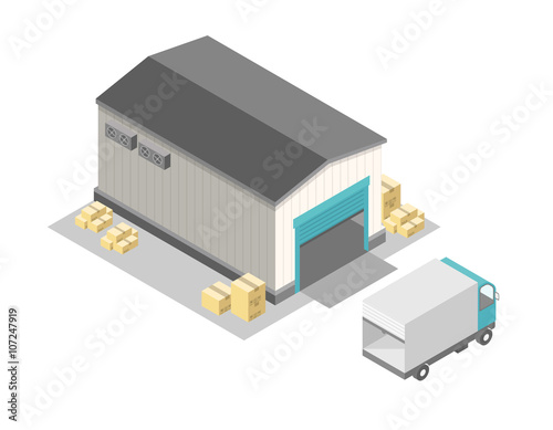 Vector illustration of isometric warehouse with truck and cardboard boxes. layered EPS10 file.