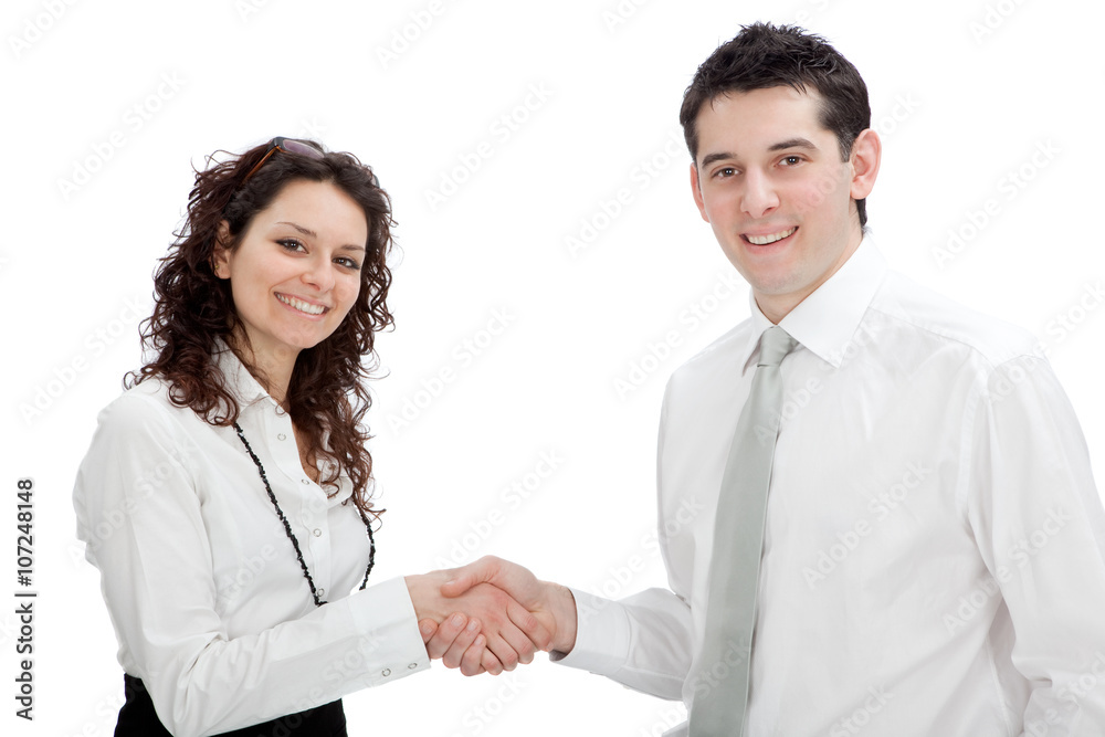 beautiful business couple handshake at work isolated on white beautiful business couple handshake at work isolated on white