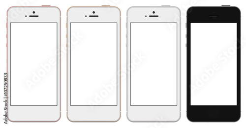 Set of four smartphones gold, rose, silver and black with blank screen. Real camera, high resolution. Template, mockup. photo