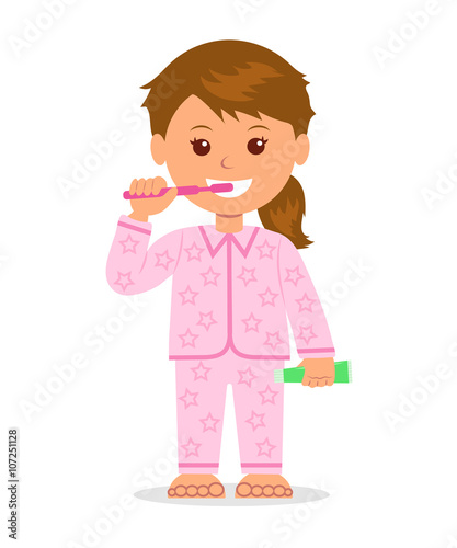 The child in pajamas brushing teeth before bedtime. Oral hygiene. Isolated cartoon character girl with a toothbrush and toothpaste in a hand. Taking care of dental health.