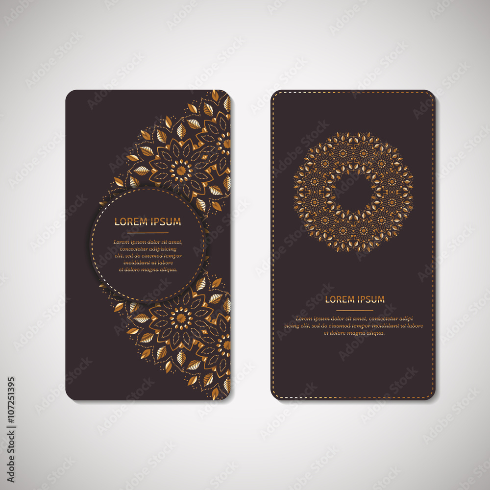 Set of two ornamental gold cards, flyers with flower oriental mandala on dark plum background. Ethnic vintage pattern. Indian, asian, arabic, islamic, ottoman motif. Vector illustration.