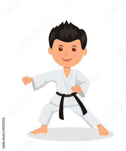 Child fighter is engaged in karate-do. Isolated character male in a kimono with a black belt martial arts perform exercises.