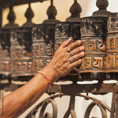 Tibetan prayer wheels or prayer's rolls of the faithful Buddhist
