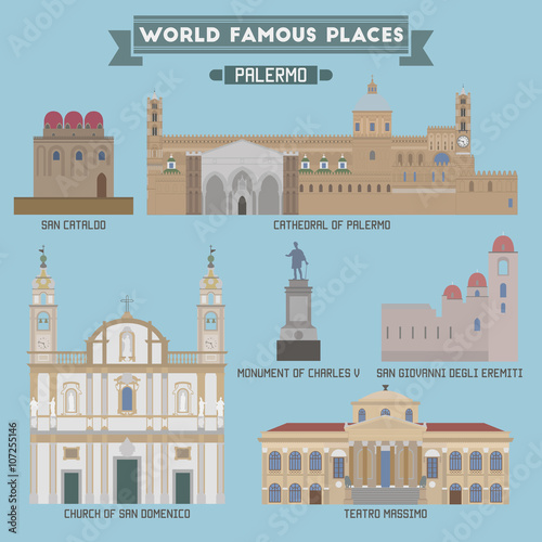 World Famous Place. Italy. Palermo. Geometric icons of buildings