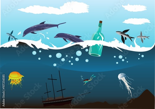 Wreck in the ocean , underwater world, sea depth, dolphins,bottle.