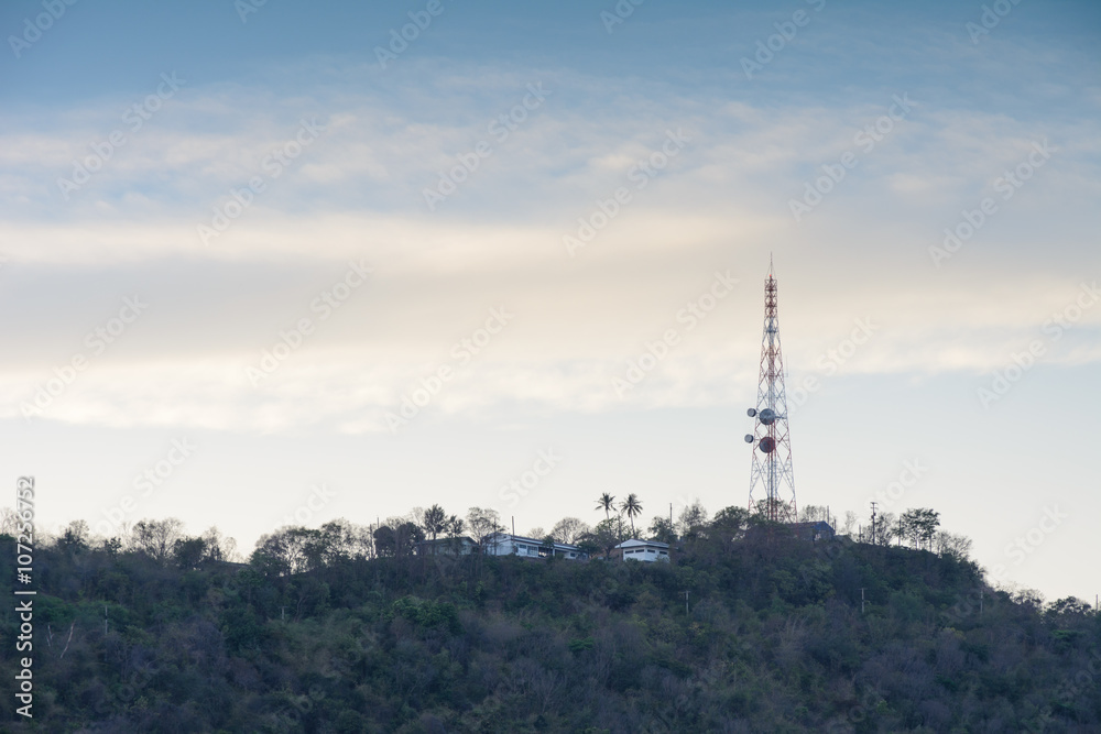Telecommunication tower on mountain at twilight time