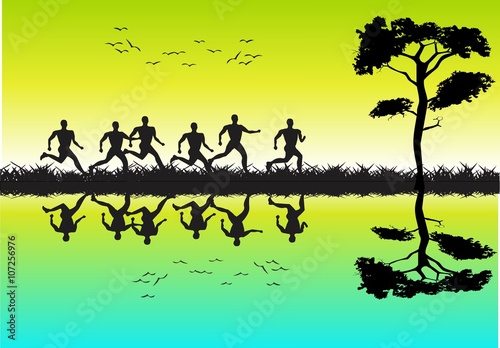 Runners runing silhouettes and their reflection on rivers water, vector illustration