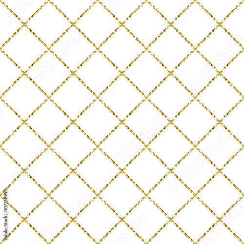 Gold foil glitter line stripes white seamless pattern. Vector shimmer abstract texture. Sparkle shiny cells background.
