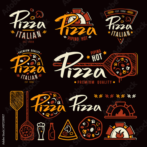 Set of pizzeria labels, badges, and design elements