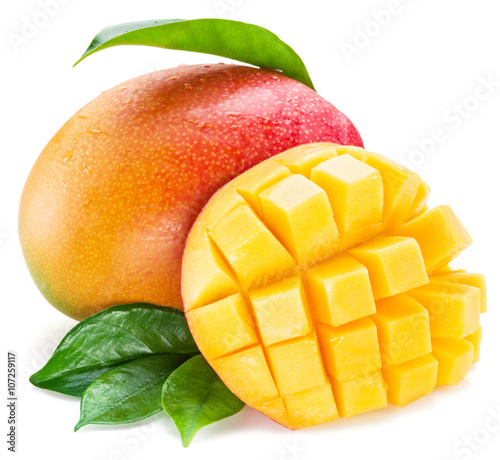 Mango cubes and mango fruit. Isolated on a white background.