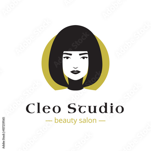 Vector minimalistic beauty studio logo in black and gold colors. Beautiful woman head logo. Spa salon logo template.